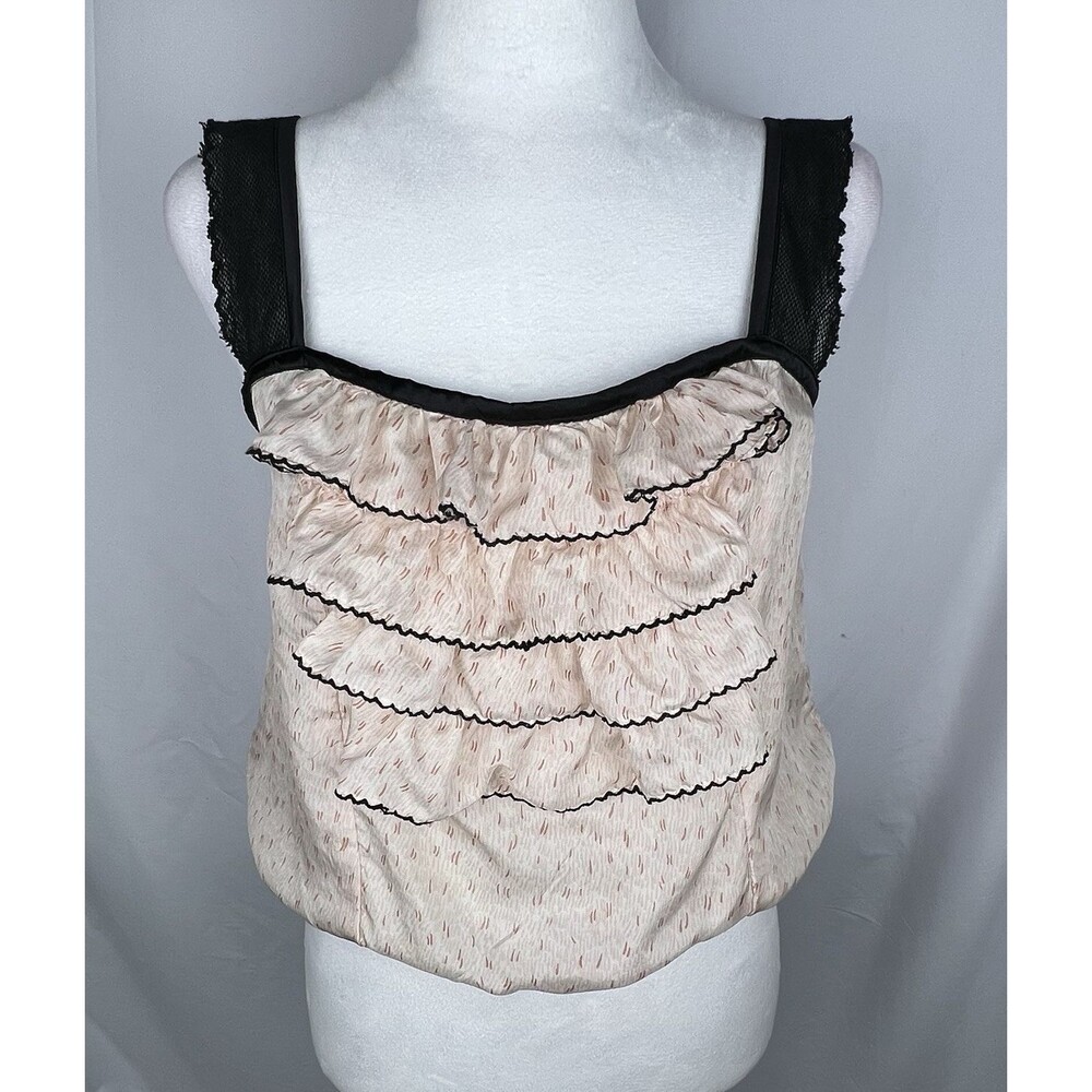 Chelsea Flower Ruffle Front Top 100% Silk Blush Pink Black Trim Size M Coquette